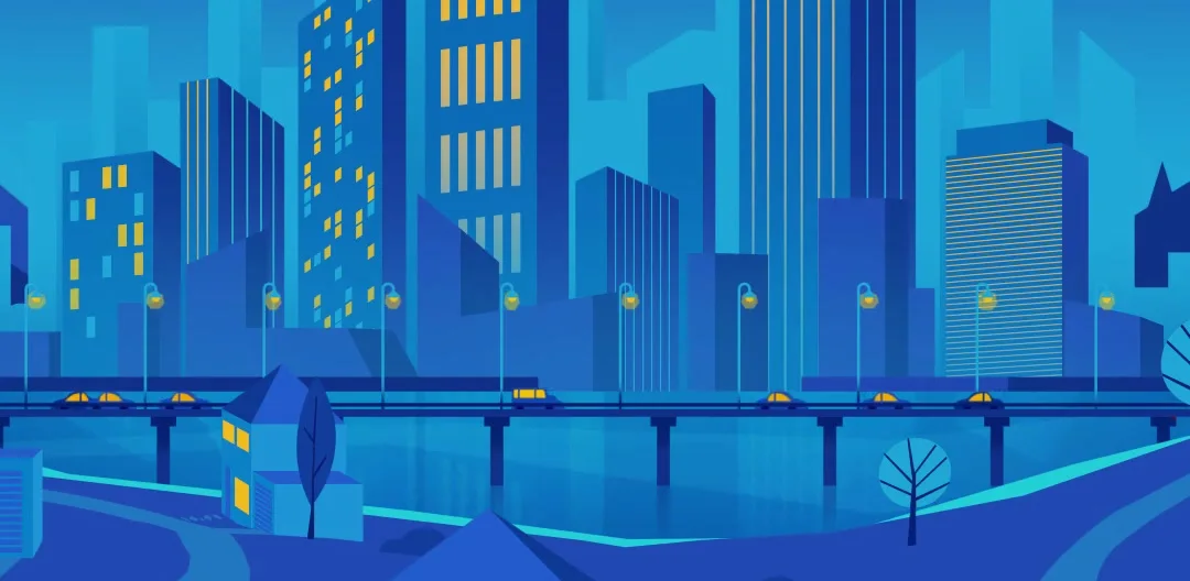 Ester-C day-cycle illustration: the same city at night